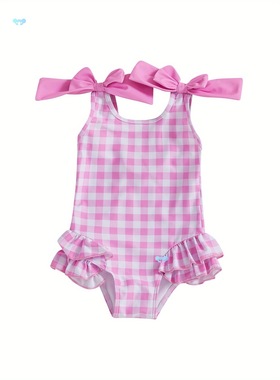 Toddler Girls Swimsuit Romper Plaid Ruff Two Bowknot