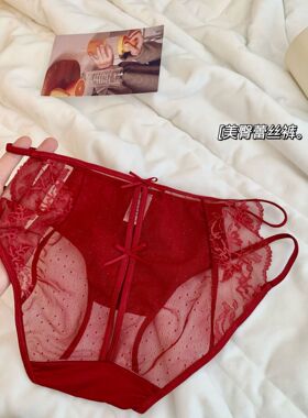 日系性感可爱蕾丝舒适透气红色内裤低腰镂空蝴蝶结三角裤本命年
