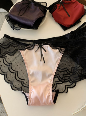 紫色韵味轻奢缎面波浪网纱无痕诱惑三角裤低腰蝴蝶结性感纯欲透气