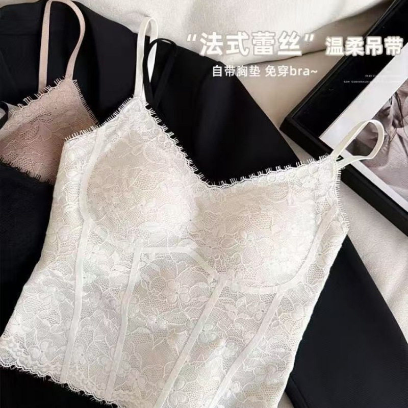 法式蕾丝美背吊带背心女内搭带胸垫内衣女秋季薄款可外穿打底上衣