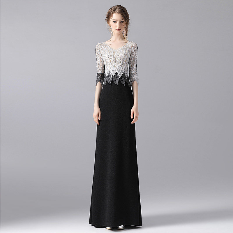 思朵高端大气质优雅时尚名媛晚宴年会主持蕾丝鱼尾黑色长款礼服裙