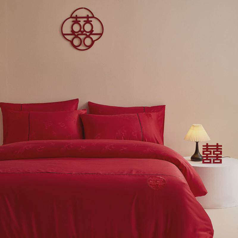 简约床上用品四件套婚轻奢铺大红备婚庆纯色高级婚礼长绒棉婚房