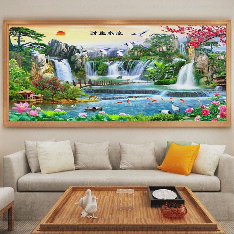 大幅流水瀑布钻石画满钻贴钻十字绣钻石绣客厅新款风景山水画