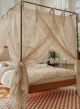 9WOR家用公主风蕾丝宫廷蚊帐落地式三开门1.8m床亚麻风防尘床幔带