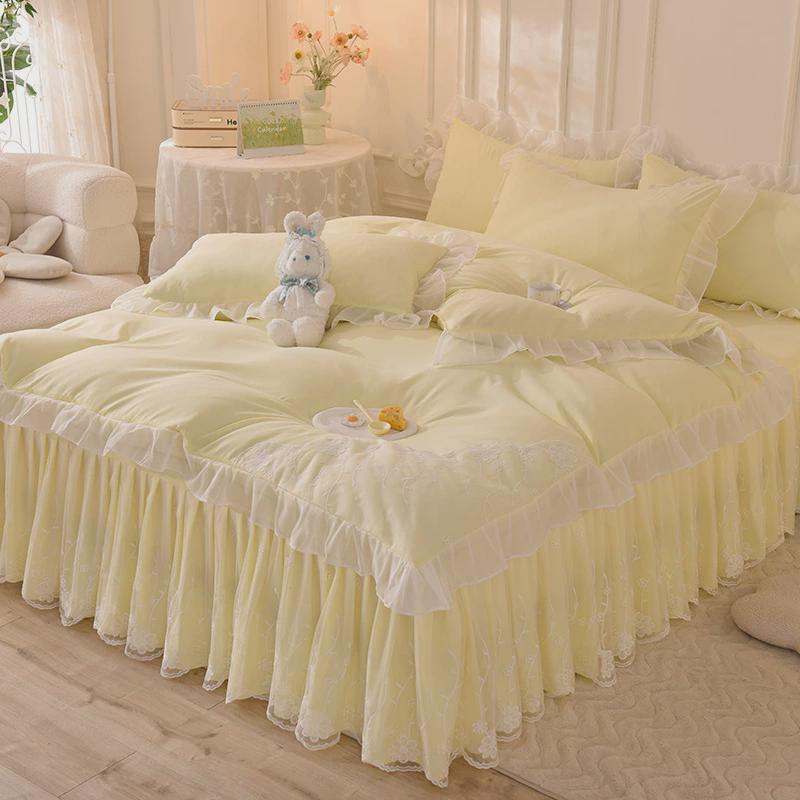 韩式公主风床裙款四件套蕾丝被套全少女心纯色床单水洗棉床上用品