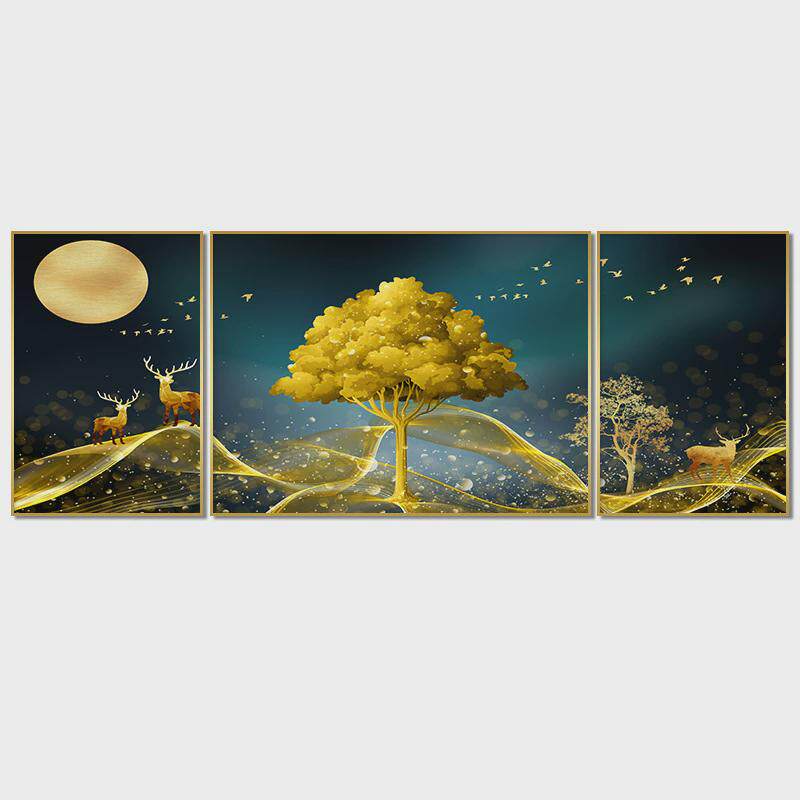 景客厅装饰画三联挂画北欧风景沙发后背轻奢墙面壁画时来运转石头
