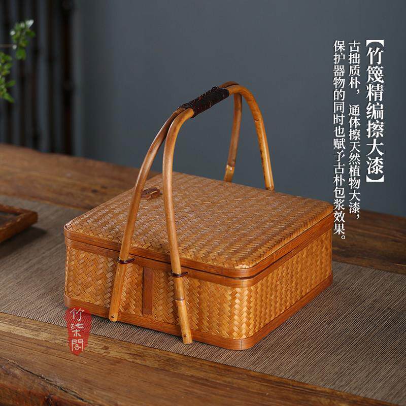 手工竹编藤编提篮中式食盒茶点盘茶具手提点心篮子竹篮收纳筐双层