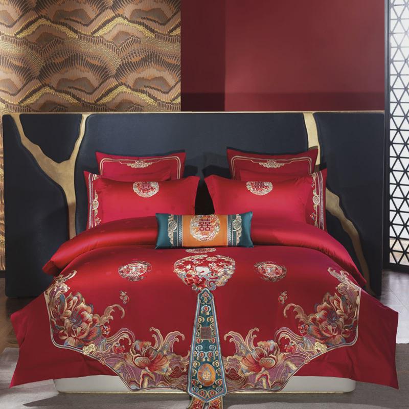 九全棉狐婚庆家纺喜提花长绒棉四件套结婚床上用品新娘备婚喜被