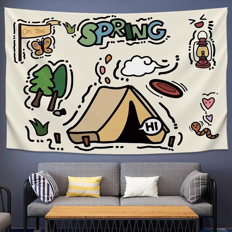 手绘野营郊游挂布露营酒吧大号挂毯咖啡屋民宿卡通装饰背景布