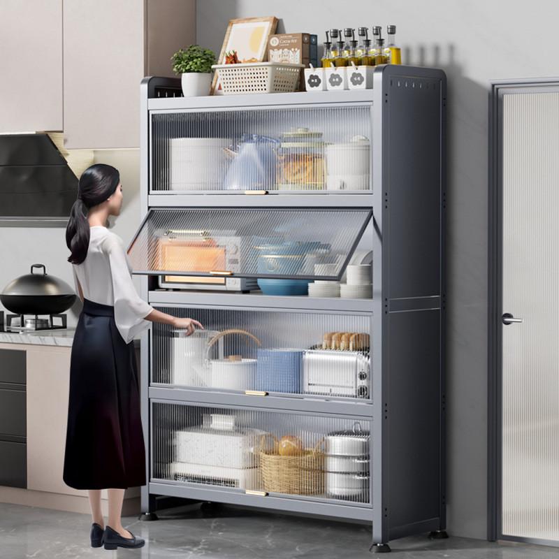 热销架多功能微波炉烤箱厨房置物架落地家用储物防尘翻盖带门收纳