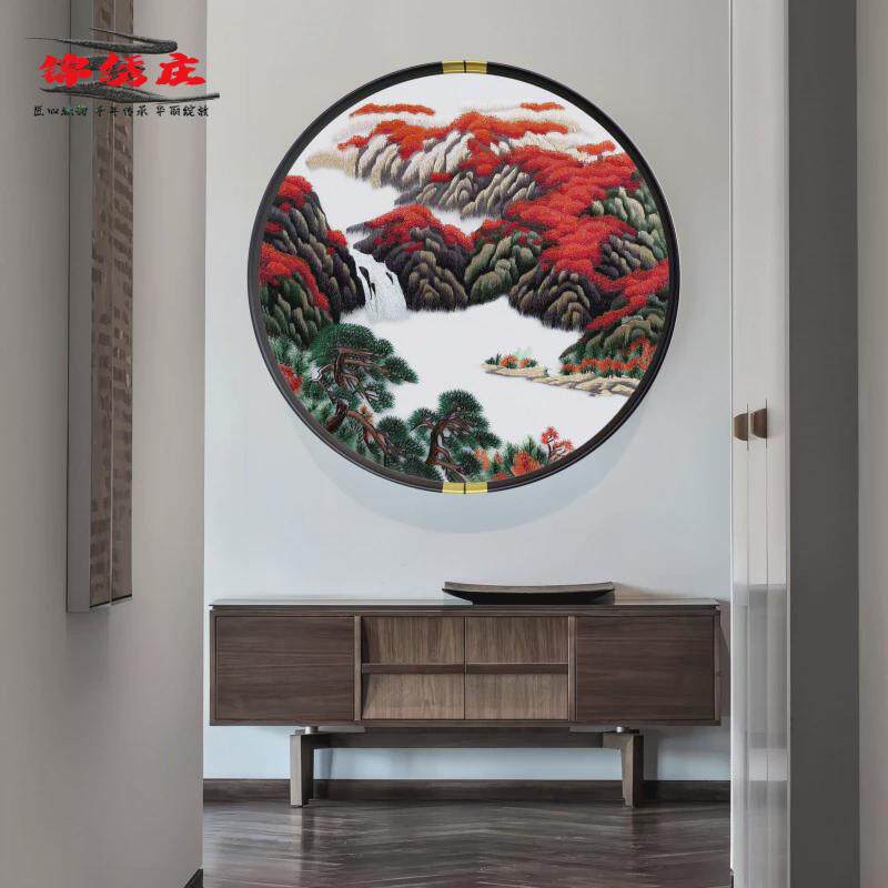 新款圆形刺绣装饰画1米大型苏绣挂墙挂画客厅玄关画高档满绣壁画