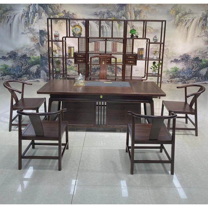 新中式两用茶桌老板办公桌高端茶桌一体乌金木实木茶几茶台一整套