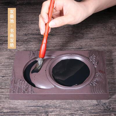 肇庆端砚大师雕刻日月同辉双池砚8寸多功能实用端砚收藏文房四宝