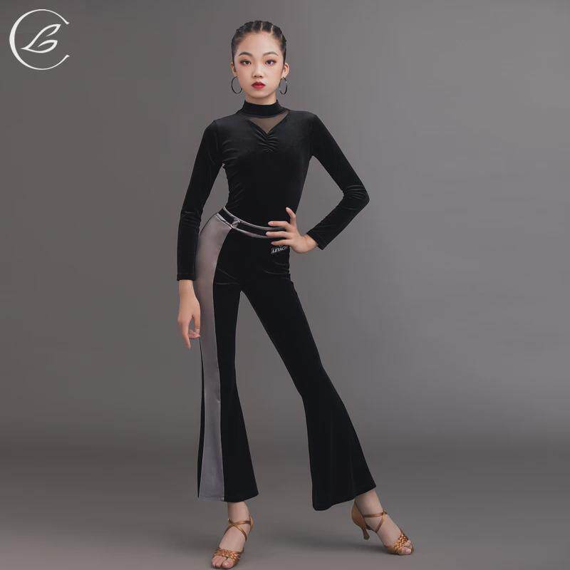 乐雅池拉丁舞服练功服儿童套装女舞蹈服长袖秋冬时尚拉丁裤套装