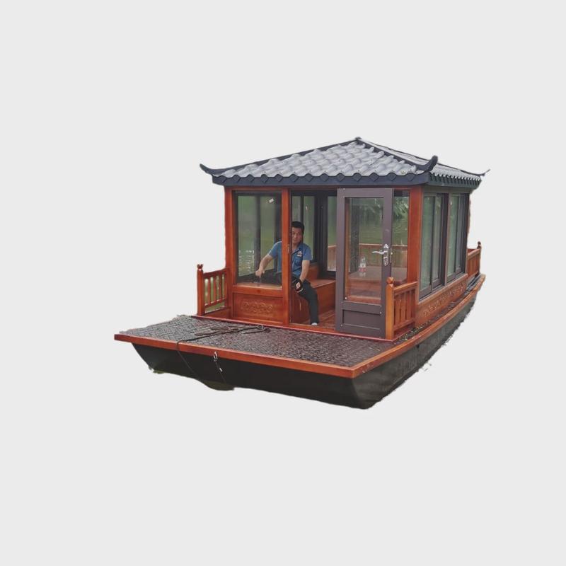 船公园观光船木船餐饮观光船电动木船表演画舫船客船玻璃钢游乐船