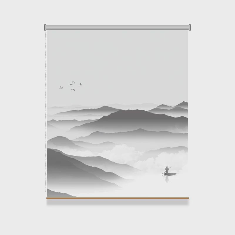 上海定做新中式半透明半uv打印加工喷绘双面卷帘画纱透纱屏风隔断
