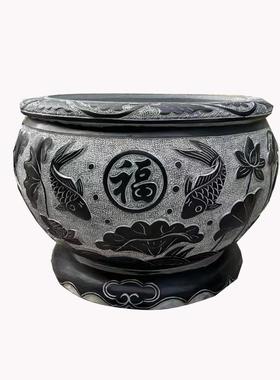 石雕鱼缸青石仿古做旧庭院户外石缸花盆石槽养鱼池荷花缸石头摆件