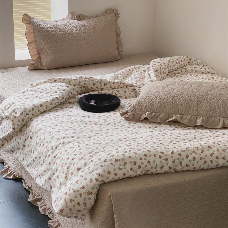 南法假日荷叶边素色夹棉床单双层纱被套全棉水洗棉绗缝床盖三件套