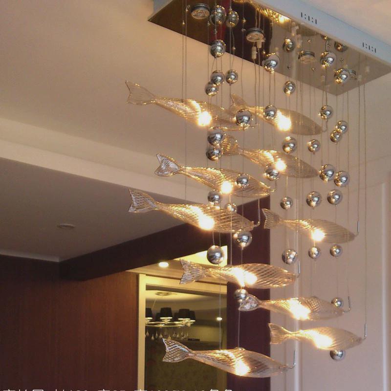 前台酒店玻璃餐厅吊灯鱼群造型客厅创意个性艺术饭店工程灯饰吧台