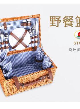 厂家直销野餐篮藤编便携户外可折叠蔬菜柳条餐具收纳篮子带编织
