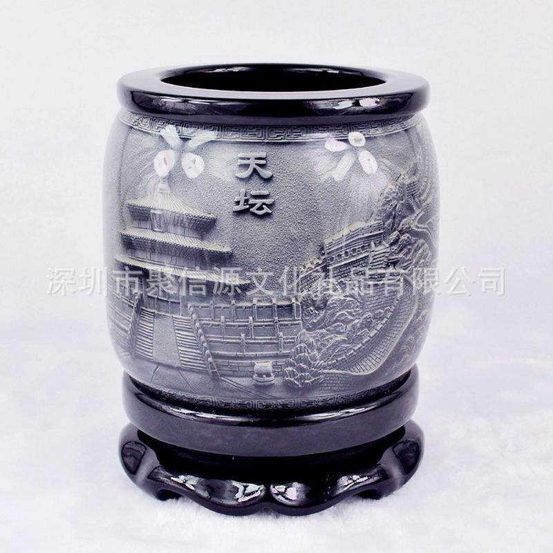 水晶笔筒包邮创意时尚笔筒大号浮雕旋转摆件定制商务礼品办公用品