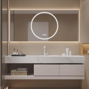 奶油风岩板热弯一体盆实木浴室柜组合脸面洗手洗卫生间洗漱台池柜