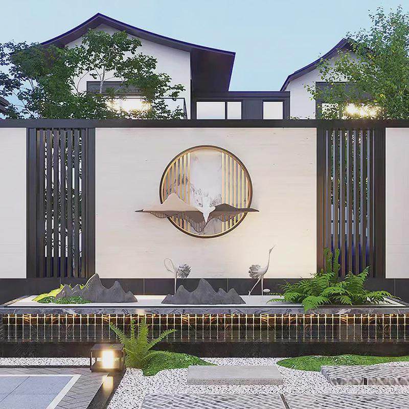 新中式铝合金屏风户外庭院镂空隔断假山背景墙酒店山水室外屏风