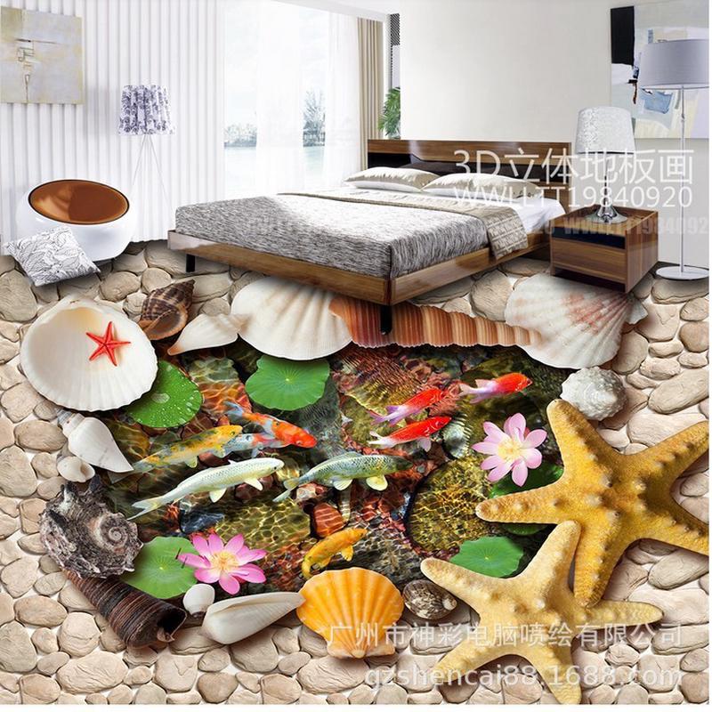 3d荷塘金鱼地贴地贴鹅卵石金鱼浴室打印打印bz-010