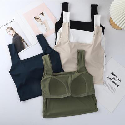 冰丝方领宽肩美背吊带裹胸背心女无钢圈固定杯内搭外穿打底背心女
