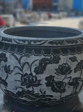 石雕仿古青石荷花缸鱼缸户外庭院别墅公园水缸石雕荷花圆形花盆