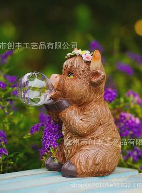 太阳能跨境牛牛吹泡泡灯户外庭院仿真动物树脂工艺品摆件装饰夜灯