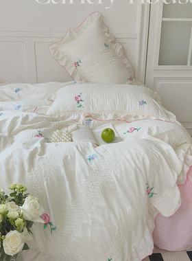 ins紫色郁金香刺绣泡泡纱四件套仙美韩系花边款被套床上1.5三件套