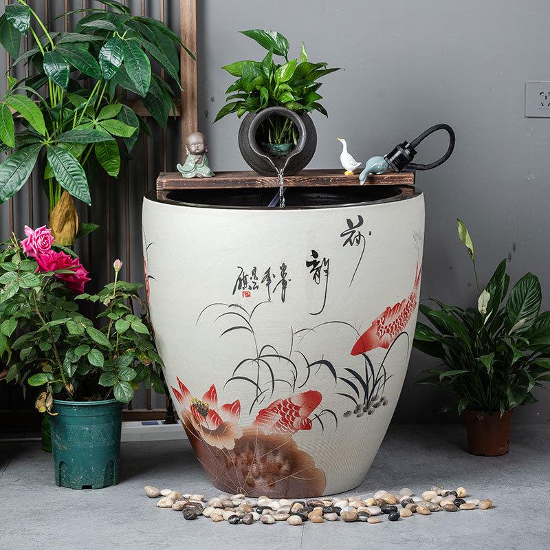 h加高款陶瓷水古法鱼缸客厅阳台金鱼缸陶罐循环流水造景老式大缸
