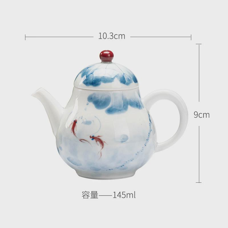 弥言白瓷手绘陶瓷戏荷塘茶壶家用泡茶壶带过滤单壶纯手工鱼泡茶器