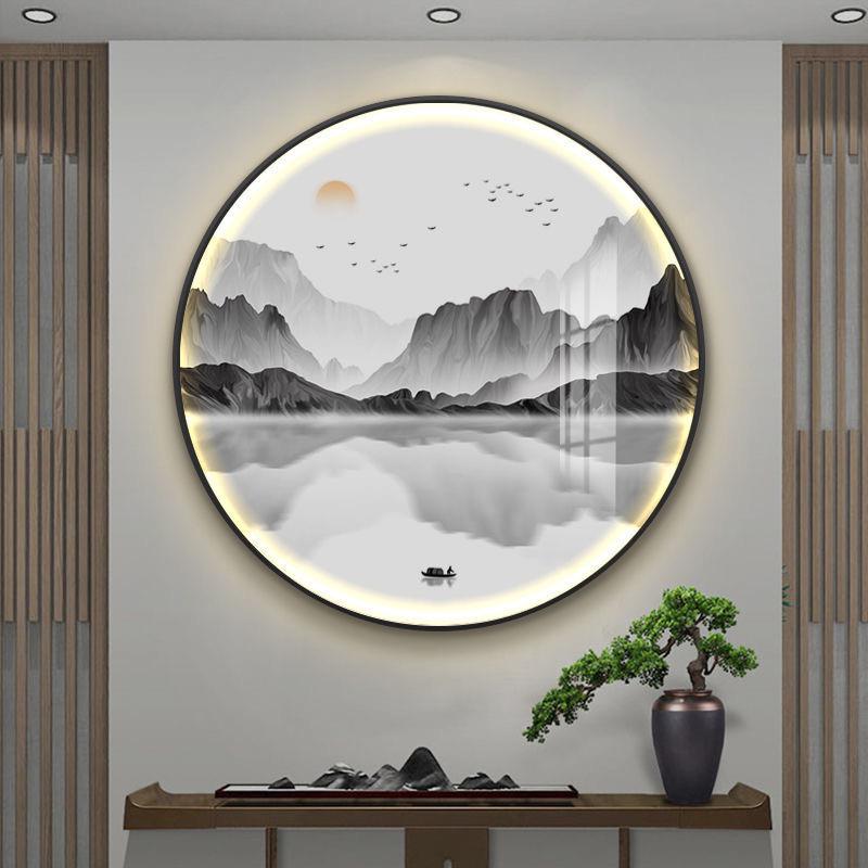 新中式圆形灯画玄关书房背景装饰画水墨风景意境山水茶室圆挂画图片