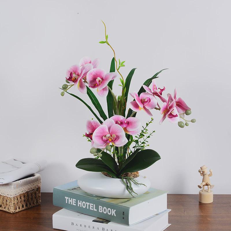 工厂新品仿真花蝴蝶兰陶瓷盆栽花卉手感胶仿真绿植物盆景套装摆件
