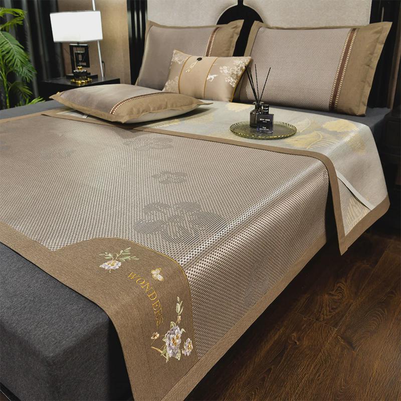 简约双面藤席三件套可折叠凉席床笠款可机洗冰丝席刺绣软席子南通