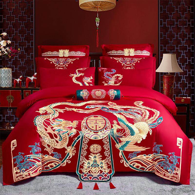 120支婚庆四件套大红龙凤加厚全棉高档新婚房嫁喜被纯棉结婚床品4
