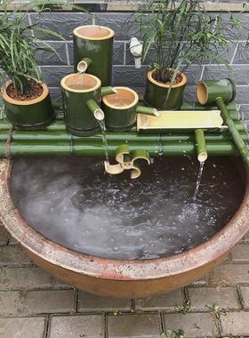 竹子竹制陶瓷鱼缸石槽鱼池装饰摆件竹子过滤器假山流水循环系统