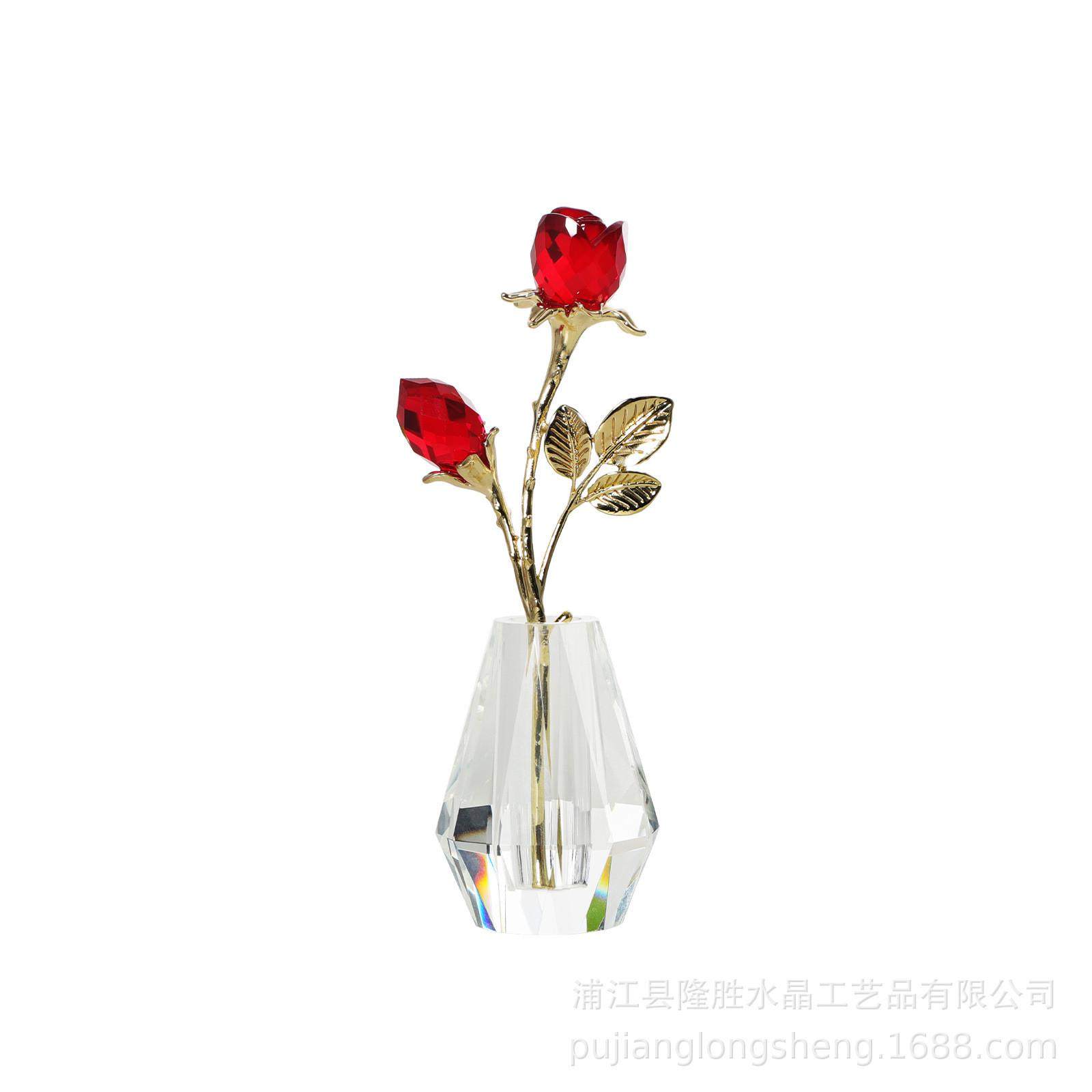 水晶工艺品玫瑰花桌面摆件一花一蕾大红家居金色杆母情节馈赠礼品