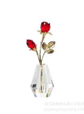 水晶工艺品玫瑰花桌面摆件一花一蕾大红家居金色杆母情节馈赠礼品