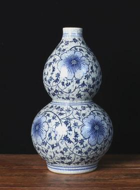 景德镇中式手绘青花瓷花瓶家居客厅装饰摆件复古裂釉花瓶工艺品