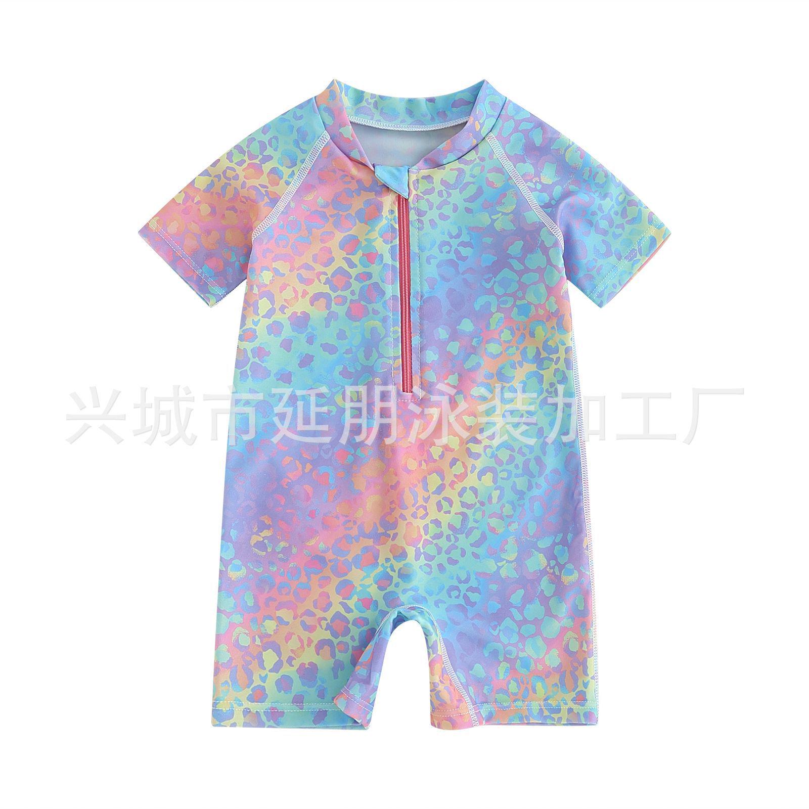 新款沙滩长袖防晒女宝宝冲浪服 连体彩色荷叶边小童 2-5岁泳衣女