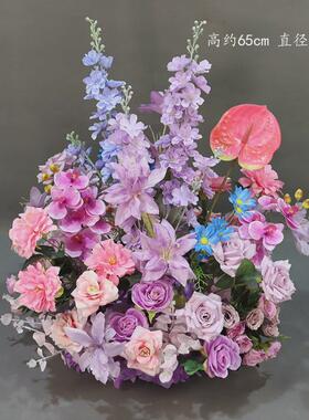 新款紫色系地排花婚庆舞台路引花装饰路引成品布置婚礼背景花艺