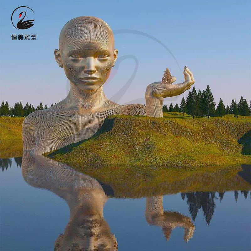 大型抽象镂空人物雕塑不锈钢创意户外公园水景编织装饰金属大摆件