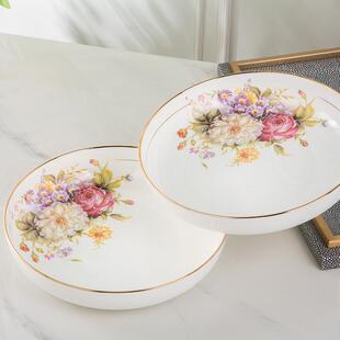 欧式玫瑰花盘子瓷盘子金边窝盘家用深口蒸鸡蛋羹盘子深盘沙拉盘