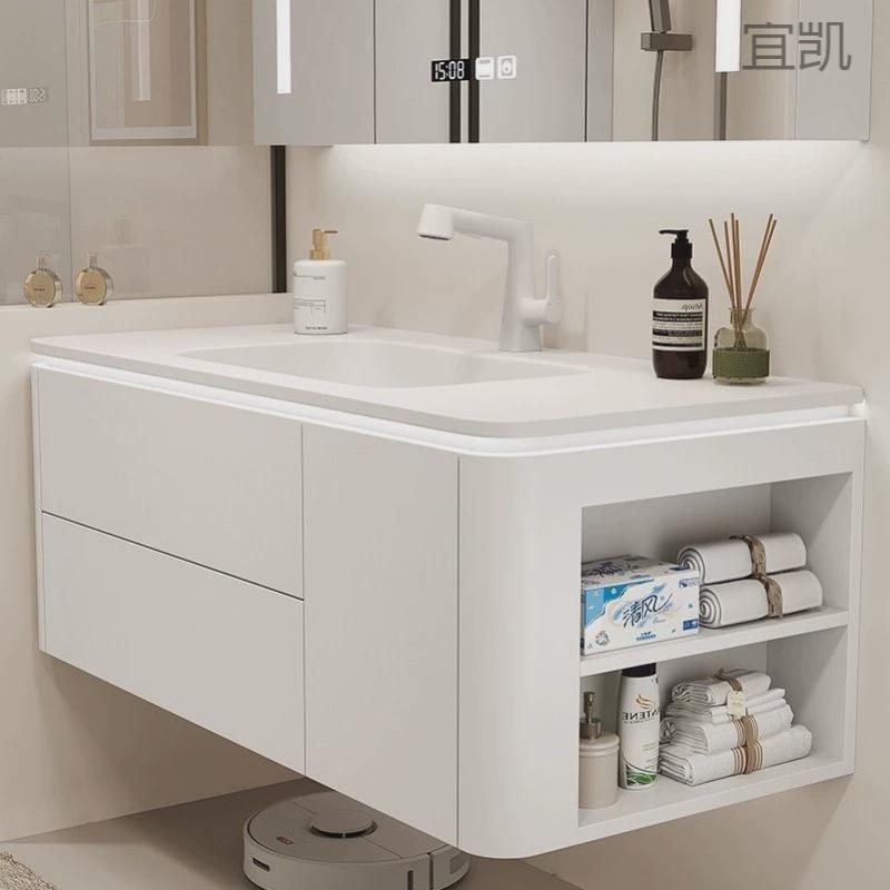 yp2简约奶油圆角风浴室柜组合洗漱洗脸台柜组合卫生间陶瓷一体盆