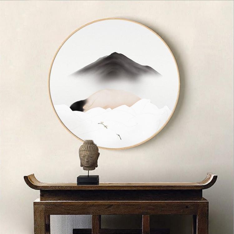 新中式水墨禅意挂画圆形装饰画日式餐厅料理画黑白意境背影墙壁画