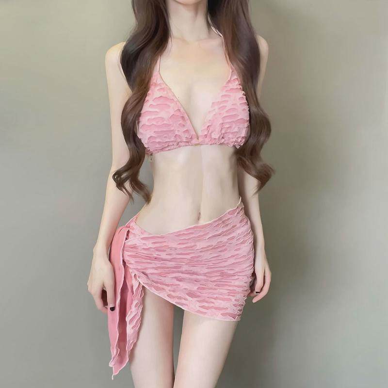 性感比基尼三件套分体泳衣女式洞洞布粉色小胸聚拢度假三亚泡温泉