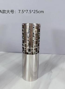 简约现代不锈钢镂空网格花器圆筒花瓶家居客厅桌面创意摆件装饰品